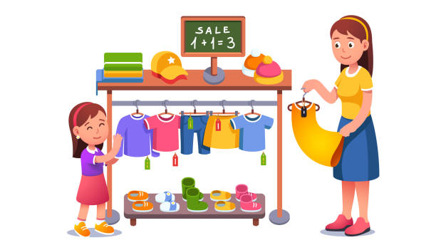 ilustrações de stock, clip art, desenhos animados e ícones de mother & daughter kid choosing clothes on shop hanger rack at sale. family shopping in clothing store. mom & child girl cartoon characters buying clothes with discount. flat vector illustration - boutique shopping retail mother