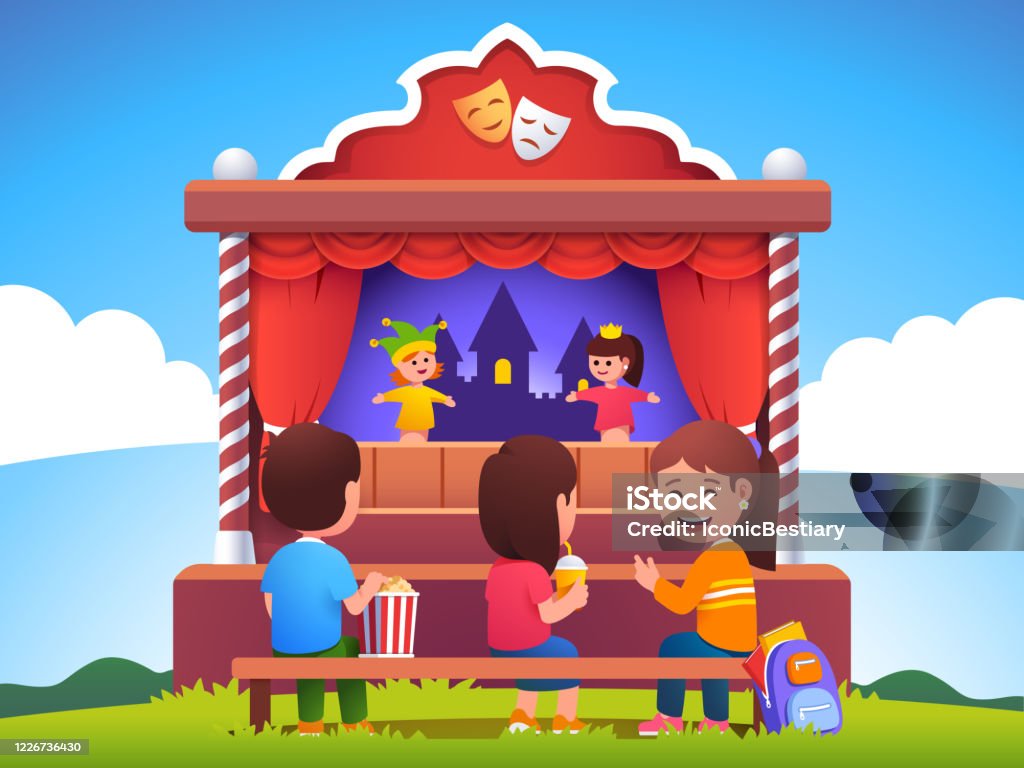 Children Audience Sitting On Bench Watching Puppet Show On Outdoor Stage  School Kids Visiting Puppet Theater With Hand Dolls Boy Girls Enjoying  Entertainment Performance Flat Vector Illustration Stock Illustration -  Download Image