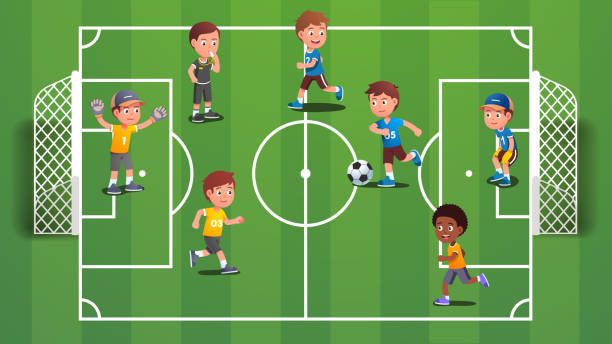 illustrations, cliparts, dessins animés et icônes de garçons gosses jouant au ballon de football sur le terrain. enfants excités jouant au jeu d’équipe de sport ensemble ayant l’amusement. enfants joueurs personnages de dessin animé sur le terrain de football avec des buts. illustration de vecteur pl - playing field kids soccer goalie soccer player