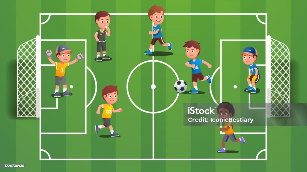 Boys Kids Playing Soccer Ball On Field Excited Kids Playing Sport Team Game  Together Having Fun Children Players Cartoon Characters On Football Pitch  With Goals Flat Vector Illustration Stock Illustration - Download
