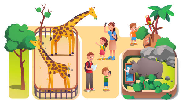 stockillustraties, clipart, cartoons en iconen met girl & boys kids & ouders maken foto's & dieren voeren in de dierentuin. gezinnen met kinderen die genieten van een bezoek aan de dierentuin & het kijken naar giraffen, neushoorn & papegaai. ouderschap & natuur. vlakke vectorillustratie - zoo