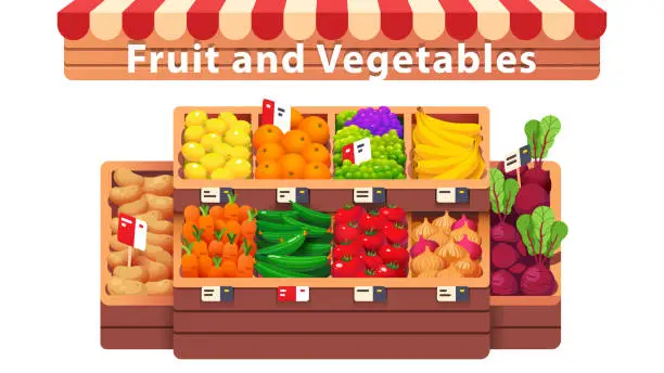 Vector illustration of Fruit & vegetables supermarket shop aisle or stall. Fresh fruit & vegetables in wooden crates with price tags in grocery store produce section. Healthy organic food. Flat vector illustration