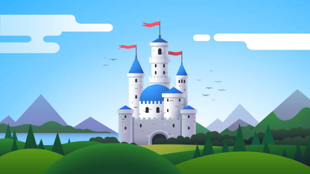 Fantasy landscape with beautiful castle, mountains, forest, meadow & hills. Fantasy medieval castle with towers & flags scenery. Kingdom, fairytale & architecture. Flat vector illustration Fantasy landscape with beautiful castle, mountains, forest, meadow & hills. Fantasy medieval castle with towers & flags scenery. Kingdom, fairytale & architecture. Flat style vector isolated illustration cartoon palace stock illustrations