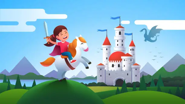 Vector illustration of Girl kid medieval horseman knight holding sword & riding horse amidst castle meadow hill. Happy child knight fantasy. Fairy tale landscape with castle and dragon. Flat vector illustration