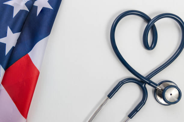 istock Stethoscope with Heart symbol and America flag. 1226739469