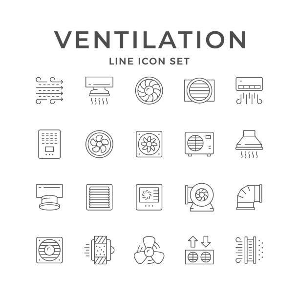 ilustraciones, imágenes clip art, dibujos animados e iconos de stock de establecer iconos de línea de ventilación - ventilador