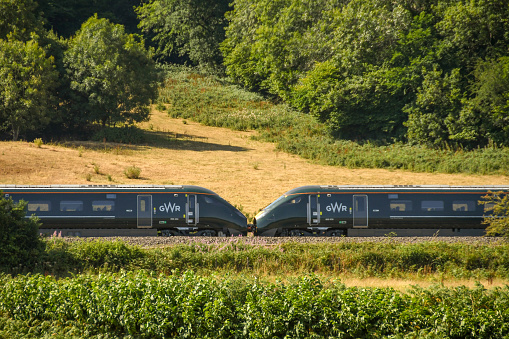 Cardiff, Wales - April 2018: Two of the new Great Western Railways Class 800 electro diesel trains operating on the Swansea to London main line joined together to form a longer train and increased capacity. The line is electrified from Cardiff to London.