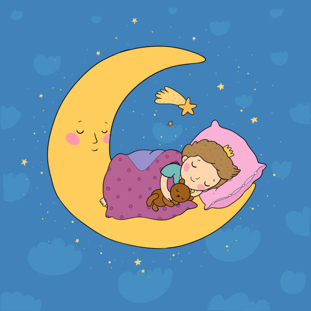 istock The little prince is sleeping on the moon. Cute cartoon boy in bed. 1226743530