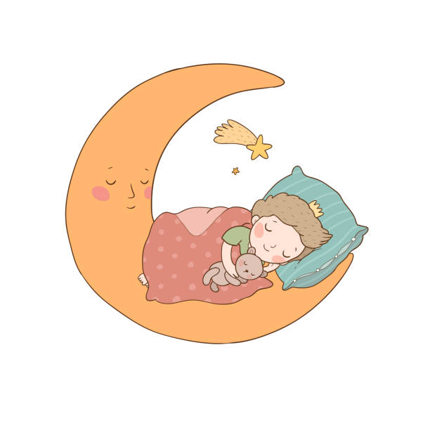 istock The little prince is sleeping on the moon. Cute cartoon boy in bed. 1226743607
