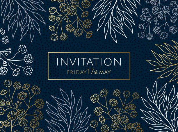 ilustrações de stock, clip art, desenhos animados e ícones de invitation card template. elegant linear design eucalyptus branches, leaves, gypsophila flowers. - gypsophila