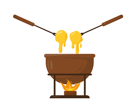 Cheese fondue in ceramic bowl with fire. Vector illustration on white background.