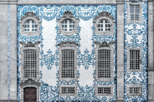 The facade of the church in tiled tiles. A sample of the magnificent Portuguese Azulejo, Porto, Portugal, Nov.2019