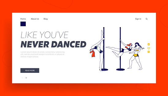 Pole Dance Landing Page Template. Girls Pole Dancers Workout and Exercising in Studio Training Choreography with Help of Trainer Woman. Female Characters Practicing. Linear People Vector Illustration
