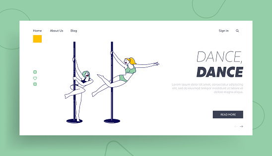 Female Characters Practicing Pole Dance Landing Page Template. Young Girls Pole Dancers Training and Exercising in Studio Training Choreography Elements and Poses. Linear People Vector Illustration