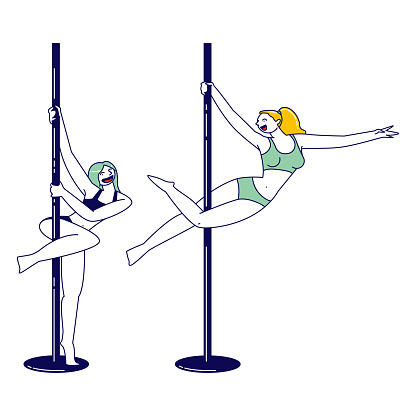 Female Characters Practicing Pole Dance Concept. Couple of Young Sexy Girls Pole Dancers Training and Exercising in Studio Training Choreography Elements and Poses. Linear People Vector Illustration