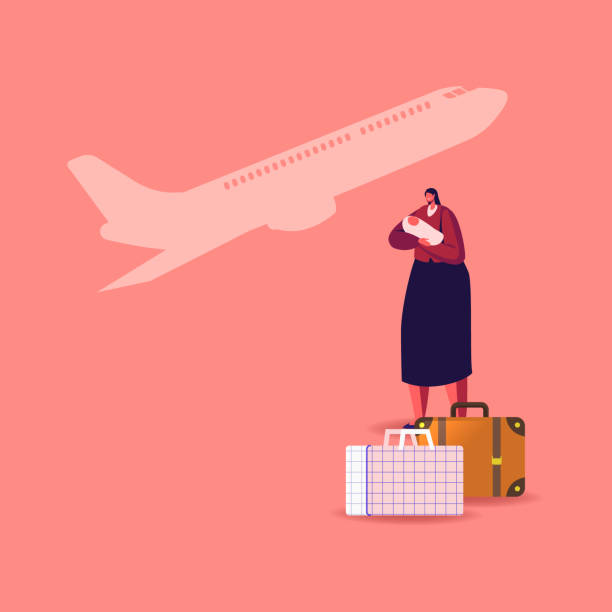 Female Character with Newborn Baby on Hands with Luggage Bags and Flying Airplane on Background. Illegal or Legal Immigrant, Refugee Woman with Child Leaving Country. Cartoon Vector Illustration Female Character with Newborn Baby on Hands with Luggage Bags and Flying Airplane on Background. Illegal or Legal Immigrant, Refugee Woman with Child Leaving Country. Cartoon Vector Illustration mexico people stock illustrations