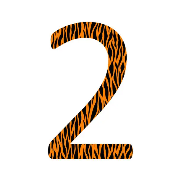 Vector illustration of Decorative black and oranje number 2 with animal ornament. Tiger skin. Textured curved lines effect. One isolated number. Template design for card, poster, banner. Vector fashion font.