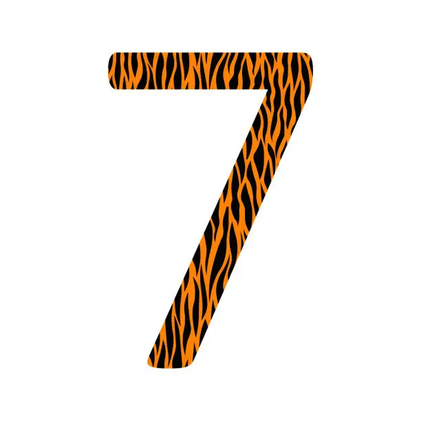 Vector illustration of Decorative black and oranje number 7 with animal ornament. Tiger skin. Textured curved lines effect. One isolated number. Template design for card, poster, banner. Vector fashion font.