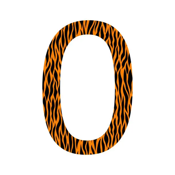 Vector illustration of Decorative black and oranje number 0 with animal ornament. Tiger skin. Textured curved lines effect. One isolated number. Template design for card, poster, banner. Vector fashion font.