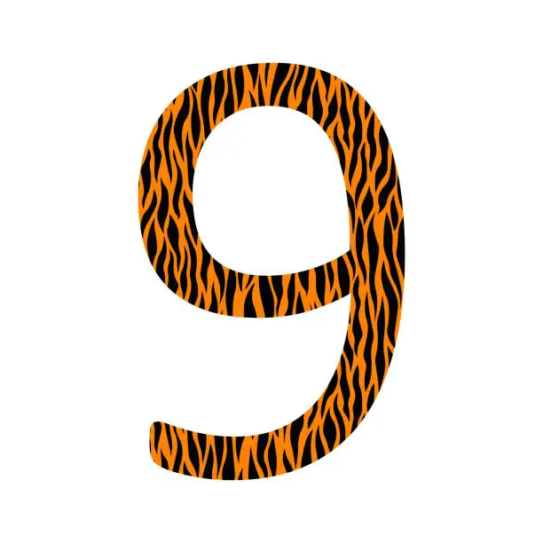 Vector illustration of Decorative black and oranje number 9 with animal ornament. Tiger skin. Textured curved lines effect. One isolated number. Template design for card, poster, banner. Vector fashion font.