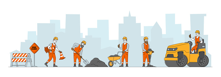 Road Repair with Construction Machines and Working People Characters. Rolling Heavy Vehicles Making Asphalt Maintenance. Machinery and Warning Traffic Cones Signs. Linear People Vector Illustration