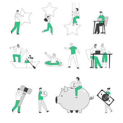 Set of Tiny Male and Female Business People Holding Huge Rating Stars, Working in Office and Floating on Boat. Characters Collect Money to Piggy, Look to Spyglass Bank. Linear Vector Illustration