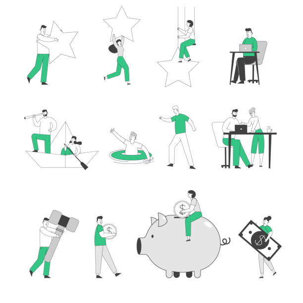 Set of Tiny Male and Female Business People Holding Huge Rating Stars, Working in Office and Floating on Boat. Characters Collect Money to Piggy, Look to Spyglass Bank. Linear Vector Illustration Set of Tiny Male and Female Business People Holding Huge Rating Stars, Working in Office and Floating on Boat. Characters Collect Money to Piggy, Look to Spyglass Bank. Linear Vector Illustration lifestyle illustrations stock illustrations