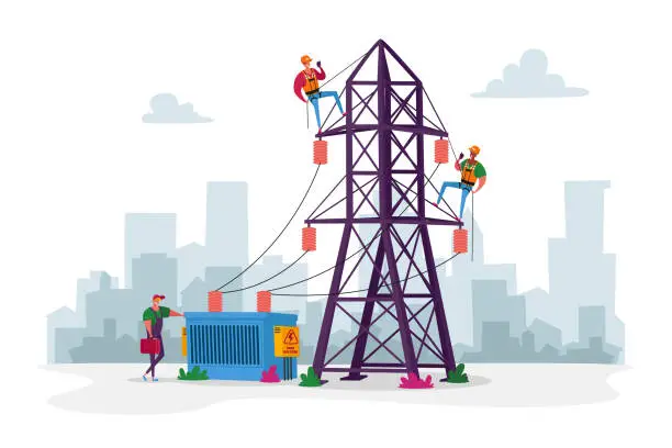 Vector illustration of Electrician Workers Characters with Tools, Equipment Electric Transmission Tower Maintenance. Energy Station Powerline in City. Telephone or Electricity Line Poles. Cartoon People Vector Illustration