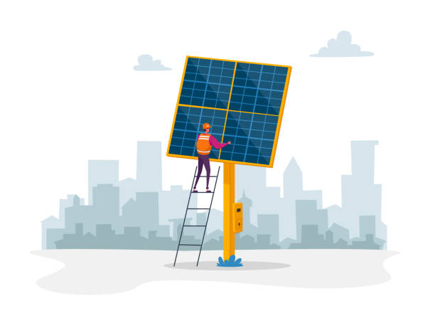 都市景観背景のソーラーパネルの近くのはしごの上に労働者の文字スタンド。人々は電気エネルギーと熱を作り出すのに太陽光を使います。グリーンエコシティ未来技術漫画ベクトルイラス� - solar energy illustrations点のイラスト素材／クリップアート素材／マンガ素材／アイコン素材