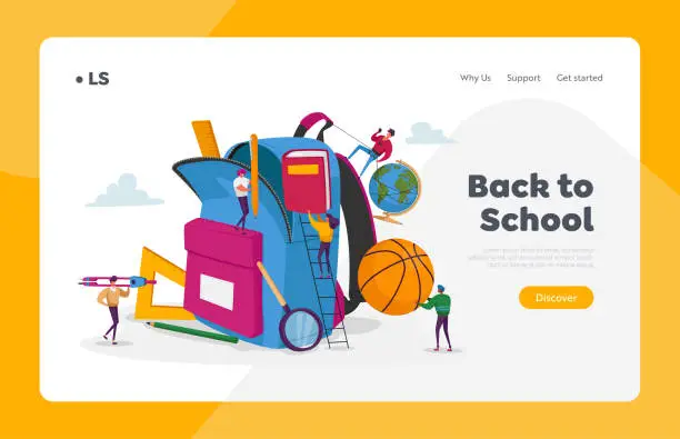 Vector illustration of Back to School, Education Landing Page Template. Tiny Characters Put in Huge Backpack Educational Tools, Stationery Ball, Globe and Book for Different Disciplines. Cartoon People Vector Illustration