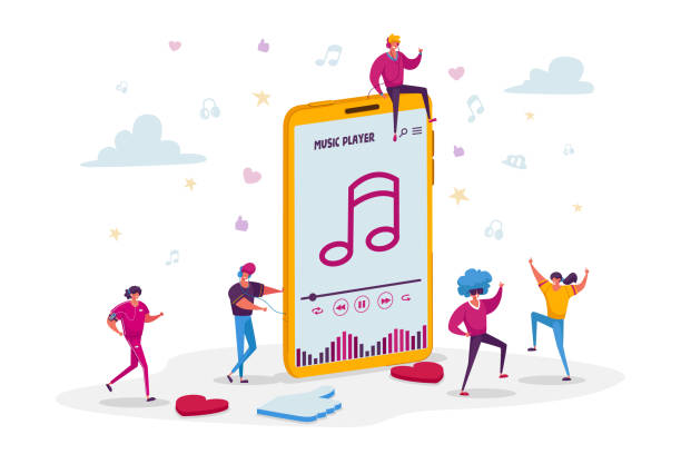 illustrazioni stock, clip art, cartoni animati e icone di tendenza di i giovani ascoltano la composizione del suono su music player o applicazione per telefoni cellulari. piccoli personaggi maschili e femminili che indossano cuffie che si divertono a ballare e rilassarsi. illustrazione vettoriale persone dei cartoni animati - illustrazioni di hobby