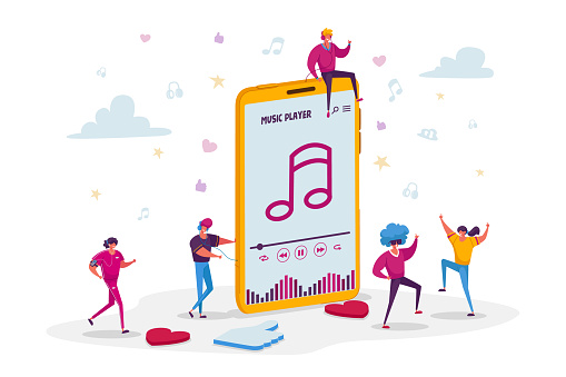 Young People Listen Sound Composition on Music Player or Mobile Phone Application. Tiny Male and Female Characters Wearing Headphones Enjoying Dancing and Relaxing. Cartoon People Vector Illustration