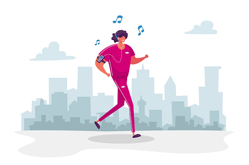 Woman Character in Sports Wear and Headset Running in Park Listen Music Player. Summertime Outdoor Sport Activity, Jogging and Sports Healthy Lifestyle, Morning Exercising. Cartoon Vector Illustration