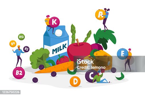 istock Characters Healthy Lifestyle, Organic Food Choice, Vitamins in Products. Fruits, Vegetables, Cheese, Milk and Eggs as Source of Energy and Health. Vegetarian Diet. Cartoon People Vector Illustration 1226750226