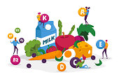 istock Characters Healthy Lifestyle, Organic Food Choice, Vitamins in Products. Fruits, Vegetables, Cheese, Milk and Eggs as Source of Energy and Health. Vegetarian Diet. Cartoon People Vector Illustration 1226750226