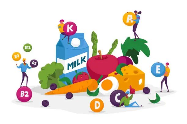 Vector illustration of Characters Healthy Lifestyle, Organic Food Choice, Vitamins in Products. Fruits, Vegetables, Cheese, Milk and Eggs as Source of Energy and Health. Vegetarian Diet. Cartoon People Vector Illustration