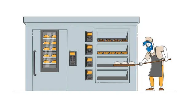 Vector illustration of Bakery Factory and Bread Production Concept. Baker Male Character Put Raw Loafs to Huge Oven for Baking. Worker Cooking Baked Food on Modern Confectionery Manufacture. Linear Vector Illustration