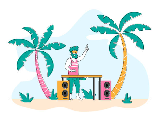 快樂dj男性角色在粉紅色襯衫和太陽鏡在頭部播放和混合音樂在海灘迪斯科黨。迪斯科舞廳樂趣,青年生活方式,娛樂和節日概念。線性向量圖 - 唱片騎師 插圖 幅插畫檔、美工圖案、卡通及圖標