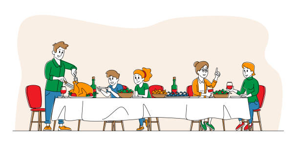 ilustrações de stock, clip art, desenhos animados e ícones de big family feast, thanksgiving celebration dinner at table with food. happy people eating turkey meal and talking together, cheerful characters group during festive lunch. linear vector illustration - dinner friends christmas
