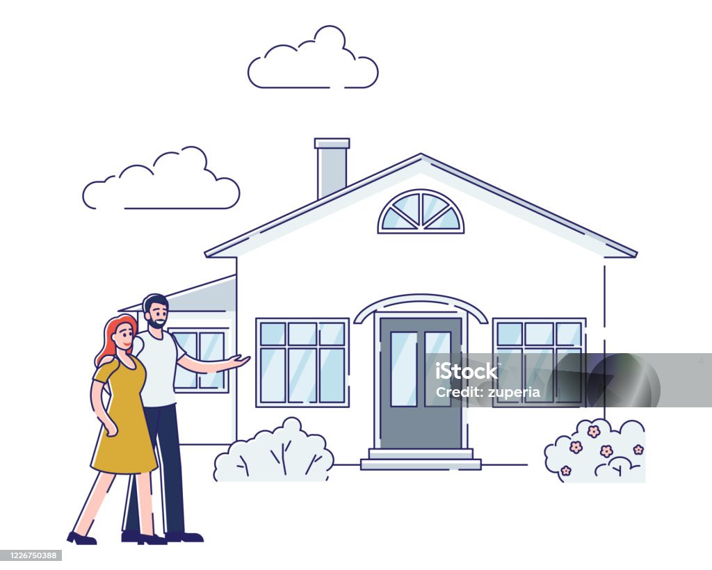 Couple Buy House Real Estate Mortgage Concept Cartoon Man And Woman  Standing Outside New Home Stock Illustration - Download Image Now - iStock