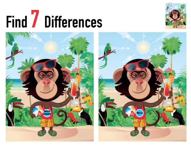 Vector illustration of Find differences game with chimp