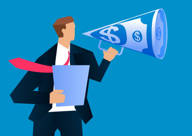 бизнесмен держит деньги мегафон кричать - marketing megaphone advertise listening stock illustrations