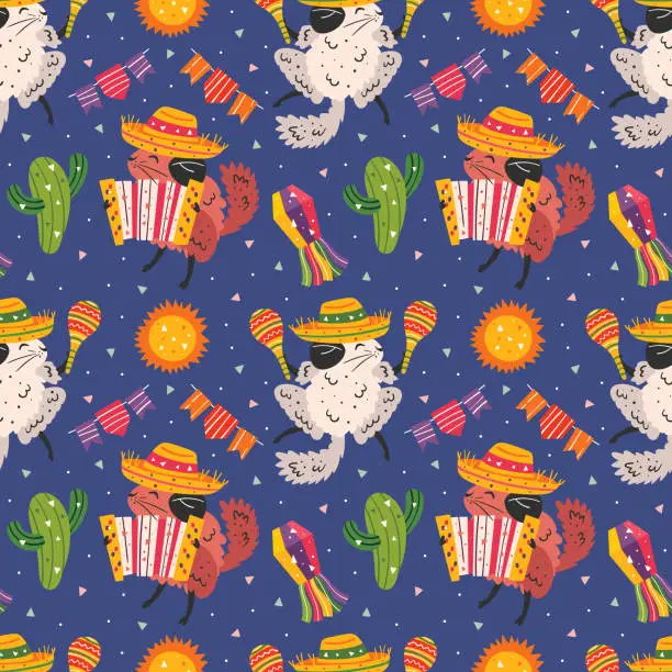 Vector illustration of Mexico holiday. Little cute chinchillas in sombrero with maracas, accordion,  cactus, sun and flags. Mexican party. Latin America. Flat colourful vector seamless pattern, texture, background.