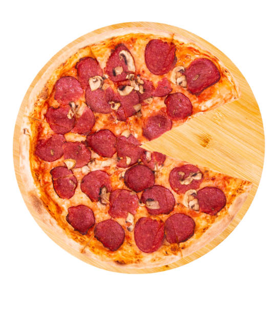 istock Salami pizza with mushrooms, without slice, on bamboo bottom 1226754689