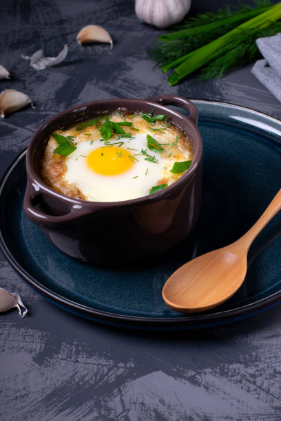 istock Garlic bread soup with egg baked in the oven 1226755181