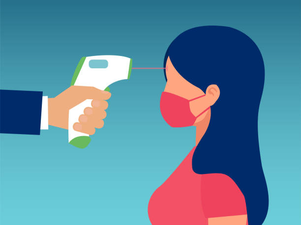 ilustraciones, imágenes clip art, dibujos animados e iconos de stock de vector de una mano hombre con escáner que mide la temperatura corporal de una mujer sobre fondo azul - tomar la temperatura