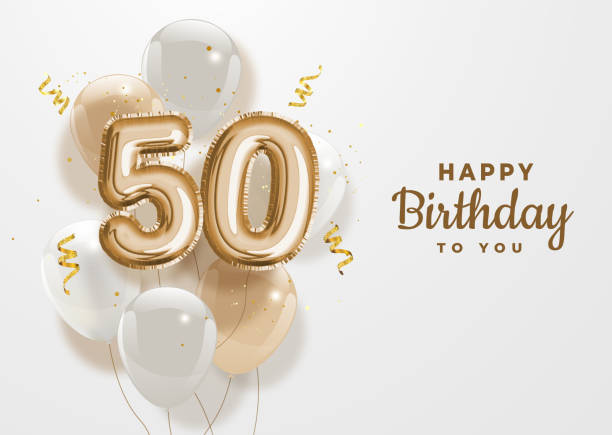 Happy 50th birthday gold foil balloon greeting background. Happy 50th birthday gold foil balloon greeting background.50 years anniversary logo template- 50th celebrating with confetti. Vector stock. number 50 stock illustrations