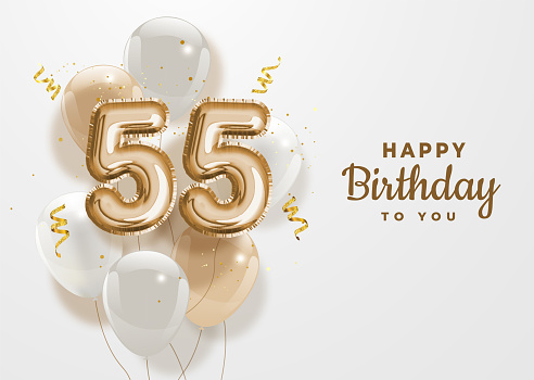 Happy 55th birthday gold foil balloon greeting background. 55 years anniversary logo template- 55th celebrating with confetti. Vector stock.