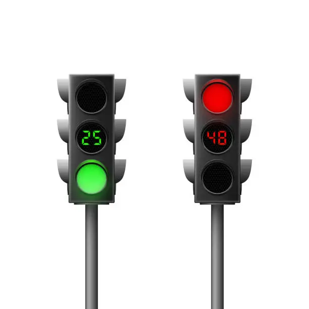 Vector illustration of Realistic green and red traffic lights with countdown. Traffic Laws. Isolated vector illustration