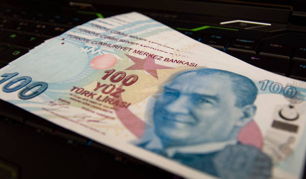 터키 리라 지폐 와 노트북 스톡 사진 - currency bill paper number 50 뉴스 사진 이미지